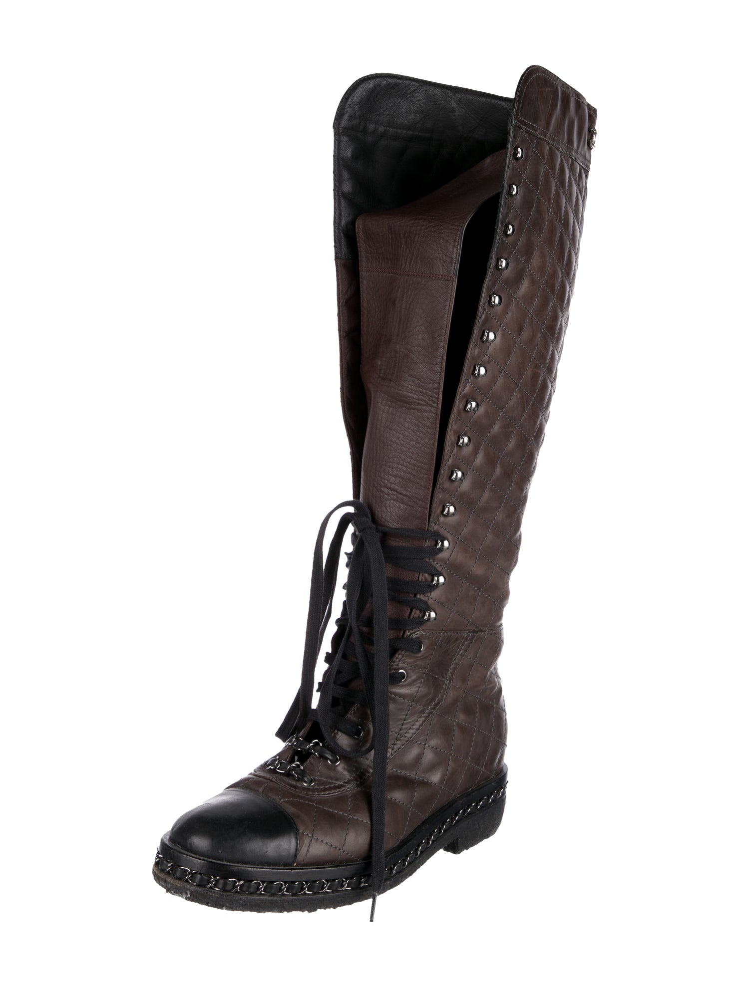 Chanel Quilted Pattern Leather Lace-Up Boots