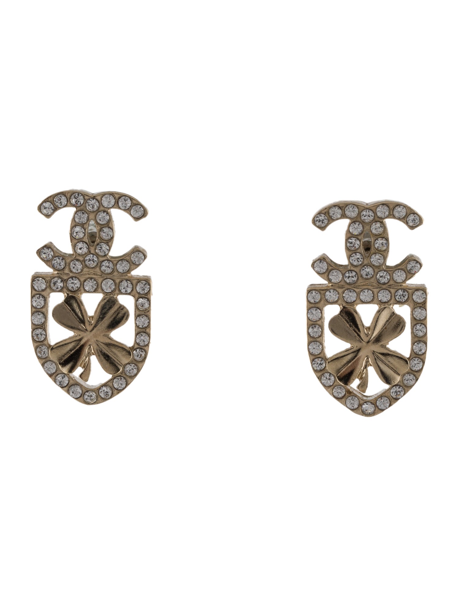 Chanel 2020 Strass CC Clover Shield Earrings