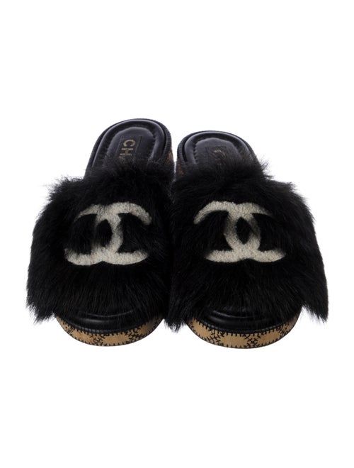 Chanel Interlocking CC Logo Shearling Mules