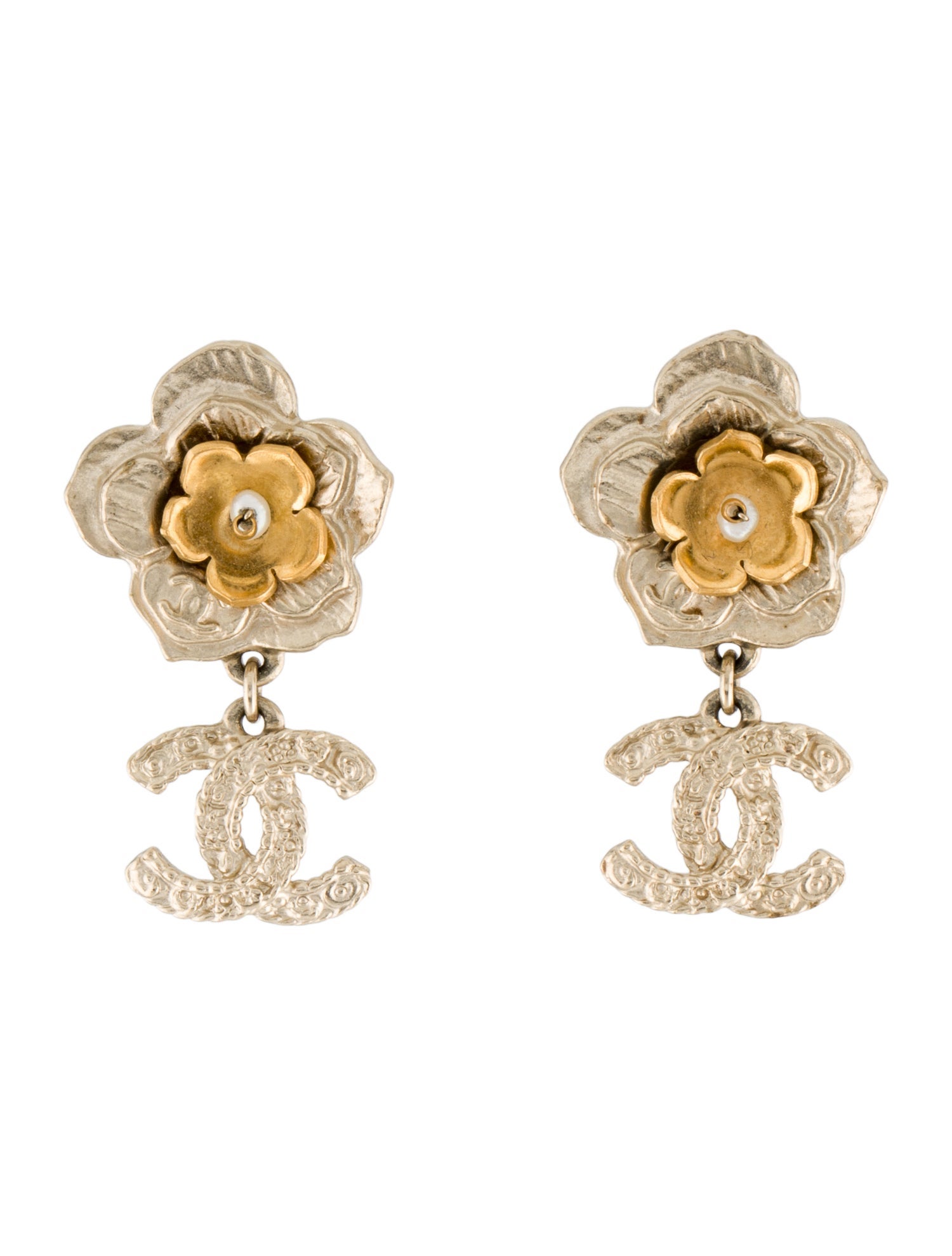 Chanel Pearl Flower CC Drop Earrings