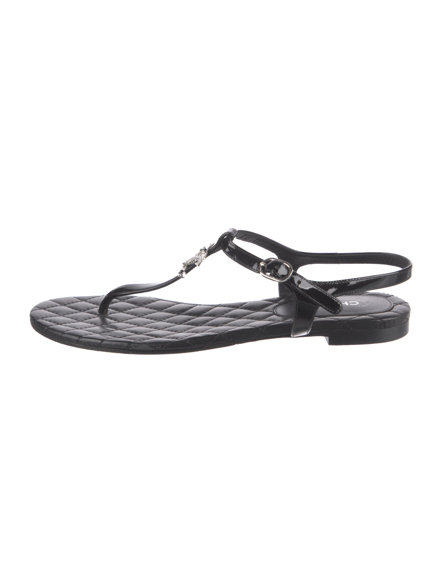 Chanel Interlocking CC Logo Patent Leather T-Strap Sandals