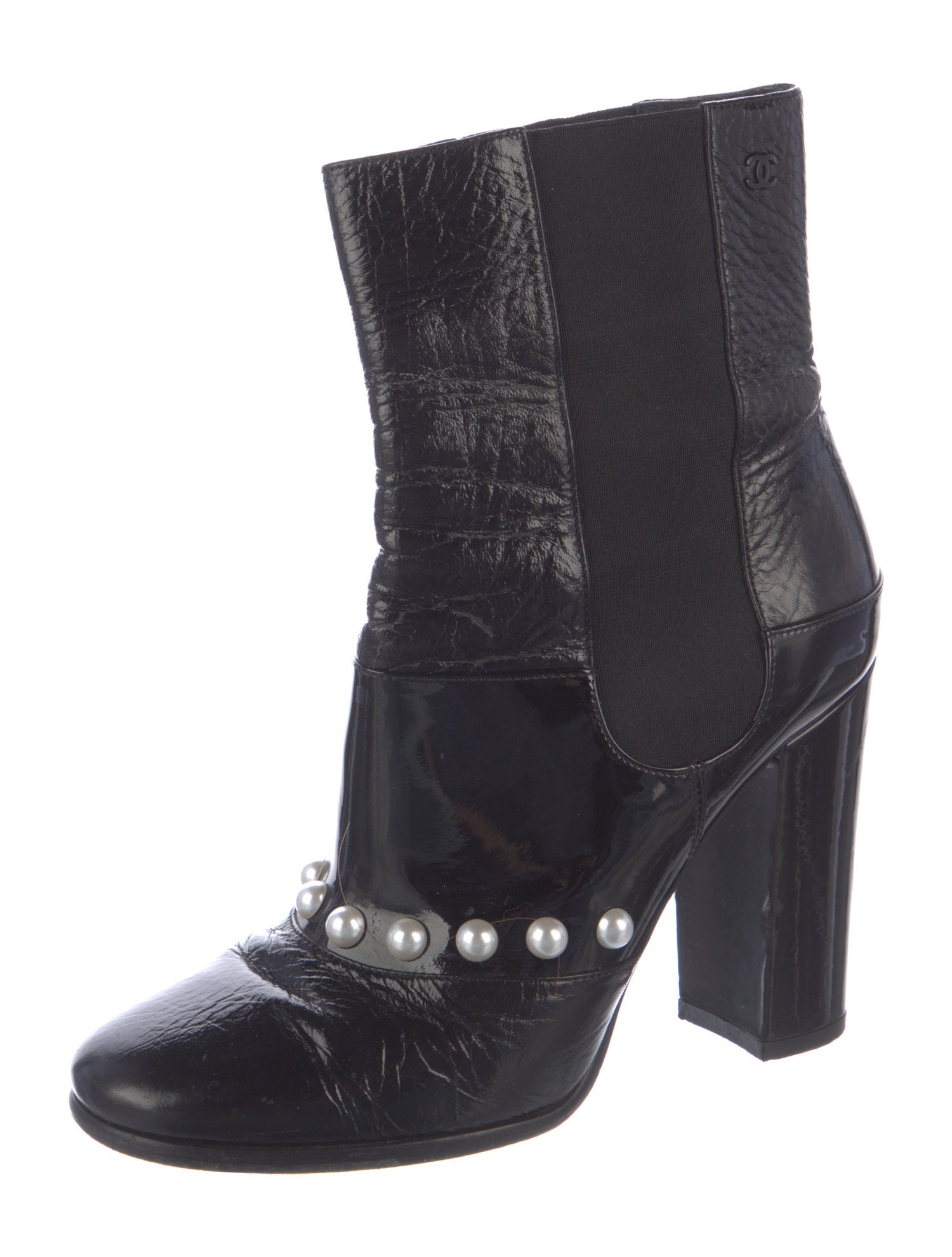 Chanel Interlocking CC Logo Patent Leather Chelsea Boots