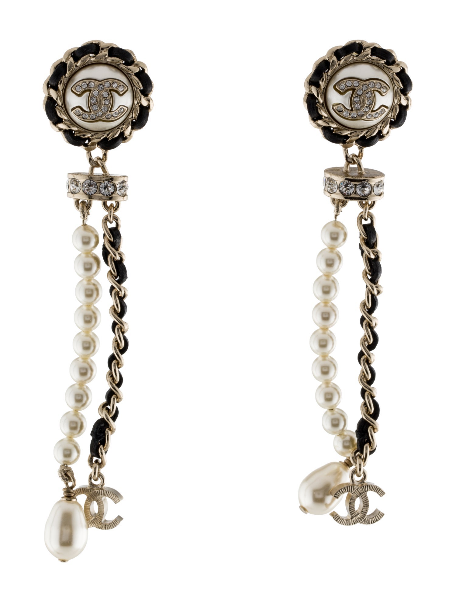 Chanel Faux Pearl, Strass & Leather CC Drop Earrings