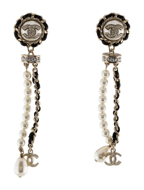 Chanel Faux Pearl, Strass & Leather CC Drop Earrings