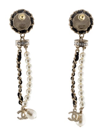 Chanel Faux Pearl, Strass & Leather CC Drop Earrings