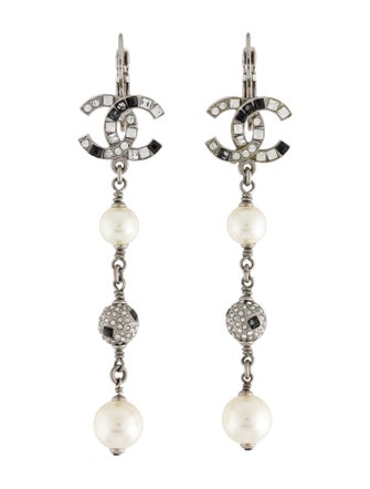 Chanel Faux Pearl & Strass CC Drop Earrings