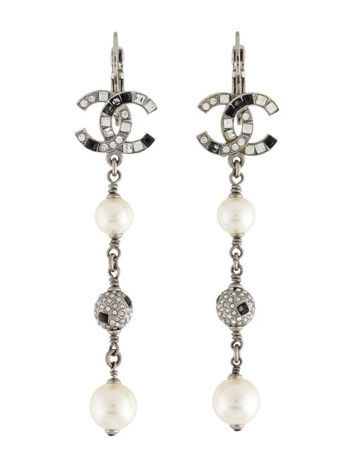 Chanel Faux Pearl & Strass CC Drop Earrings