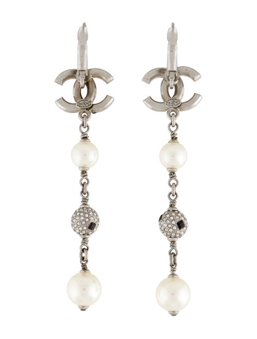 Chanel Faux Pearl & Strass CC Drop Earrings
