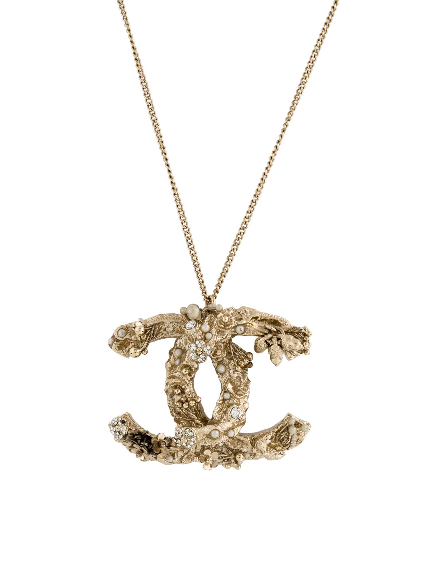 Chanel Faux Pearl & Strass CC Acorns & Flowers Pendant Necklace