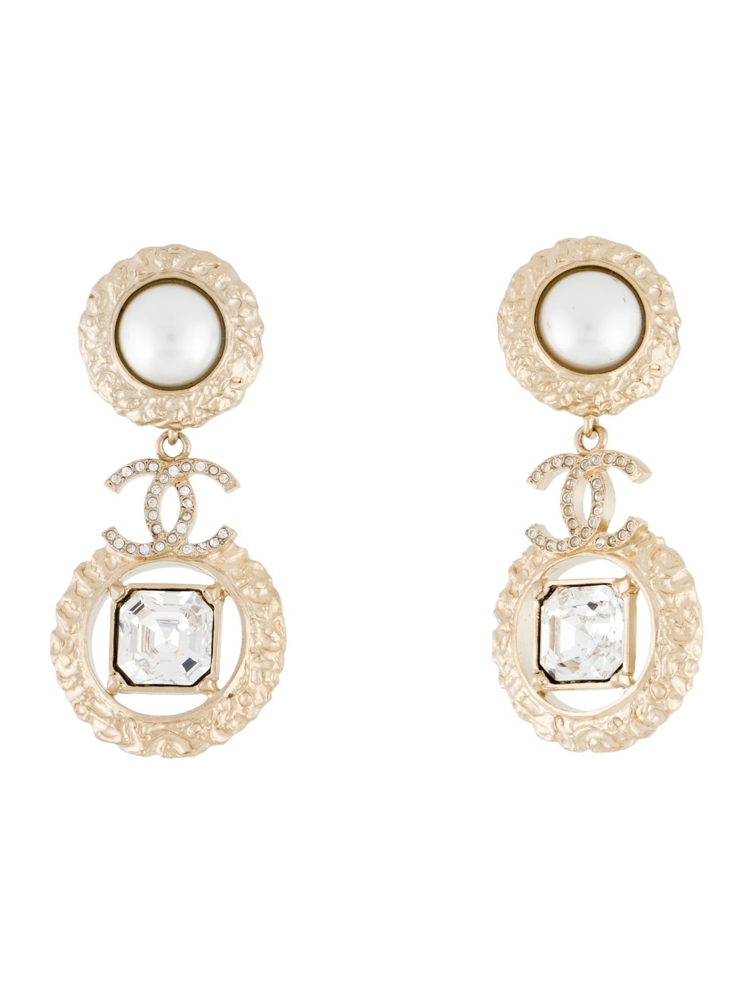 Chanel 2022 Strass & Faux Pearl Drop CC Earrings