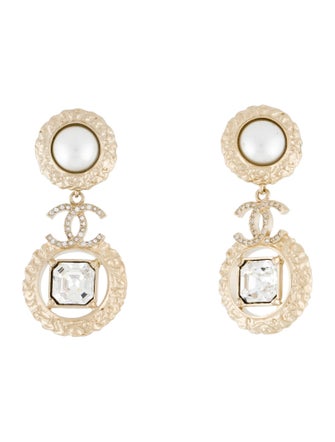 Chanel 2022 Strass & Faux Pearl Drop CC Earrings