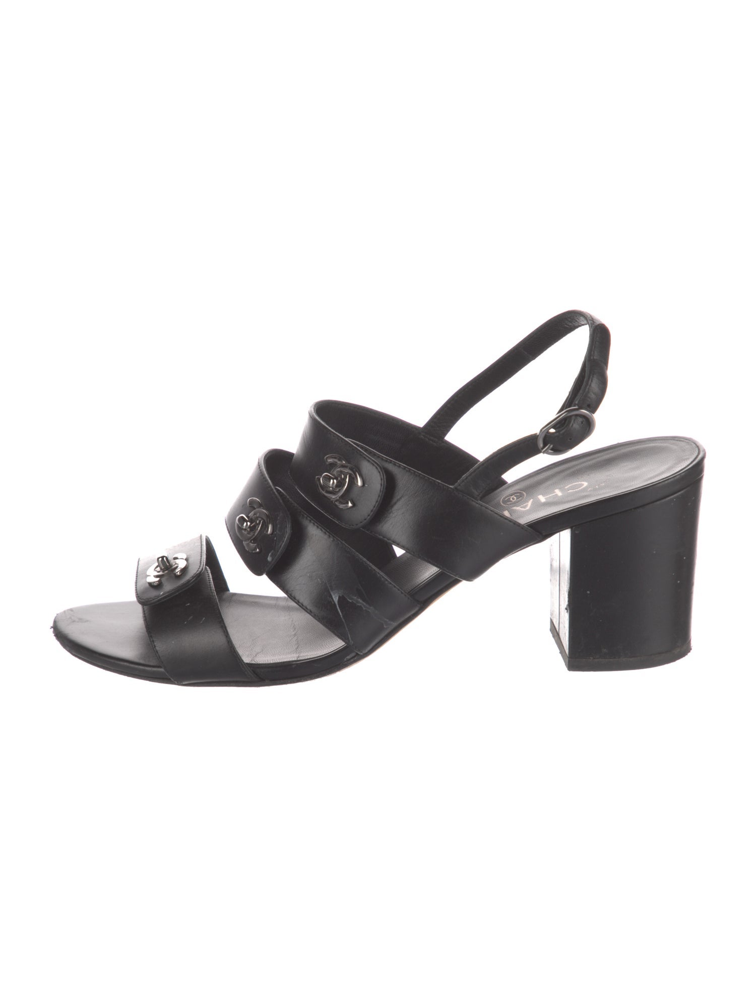 Chanel Interlocking CC Logo Leather Slingback Sandals