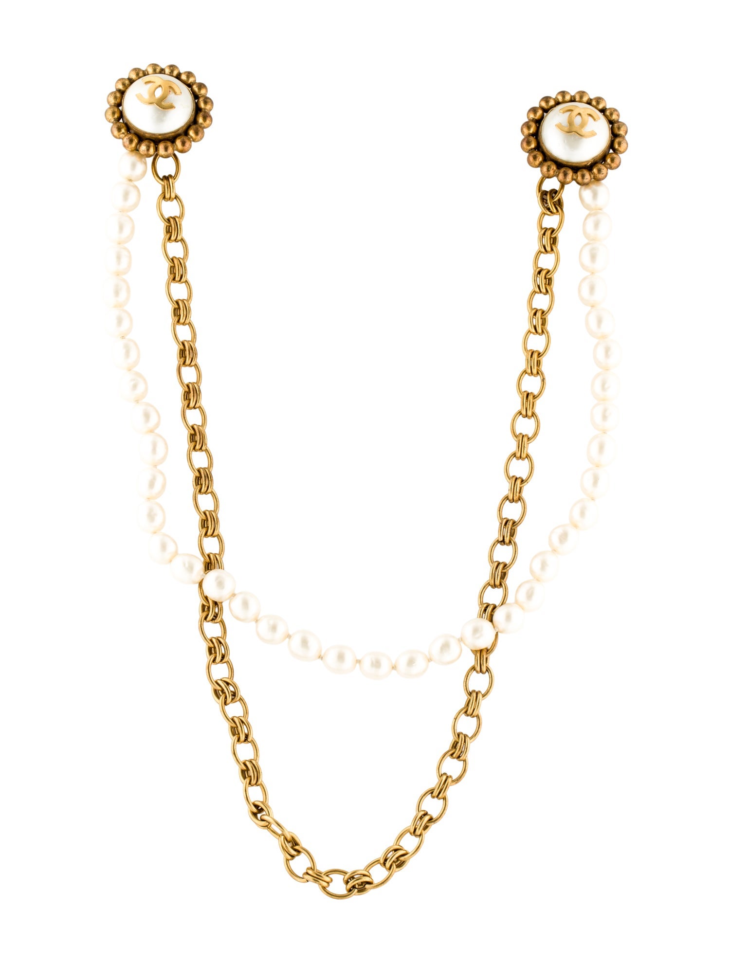 Chanel Vintage Faux Pearl Draped CC Double Brooch