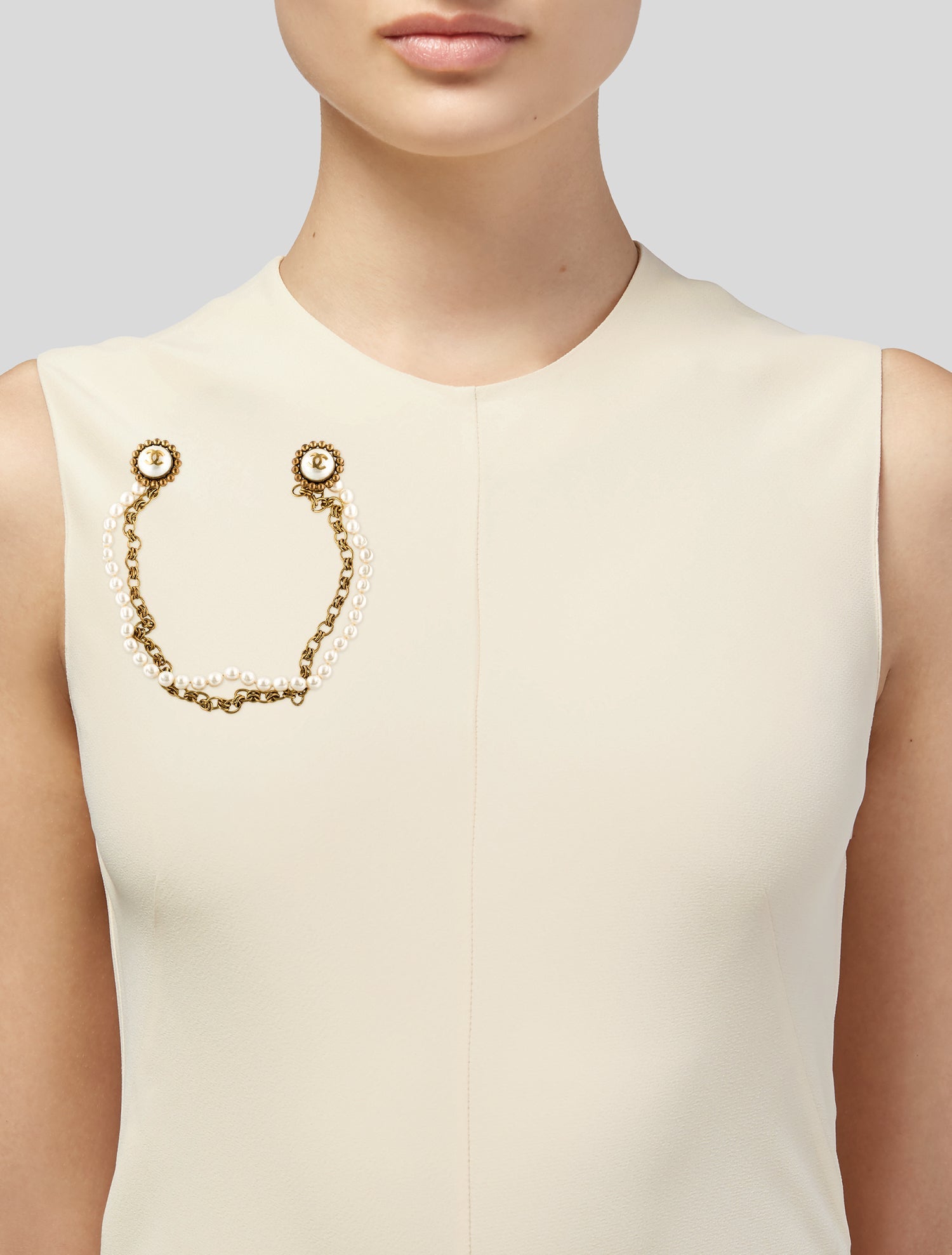 Chanel Vintage Faux Pearl Draped CC Double Brooch