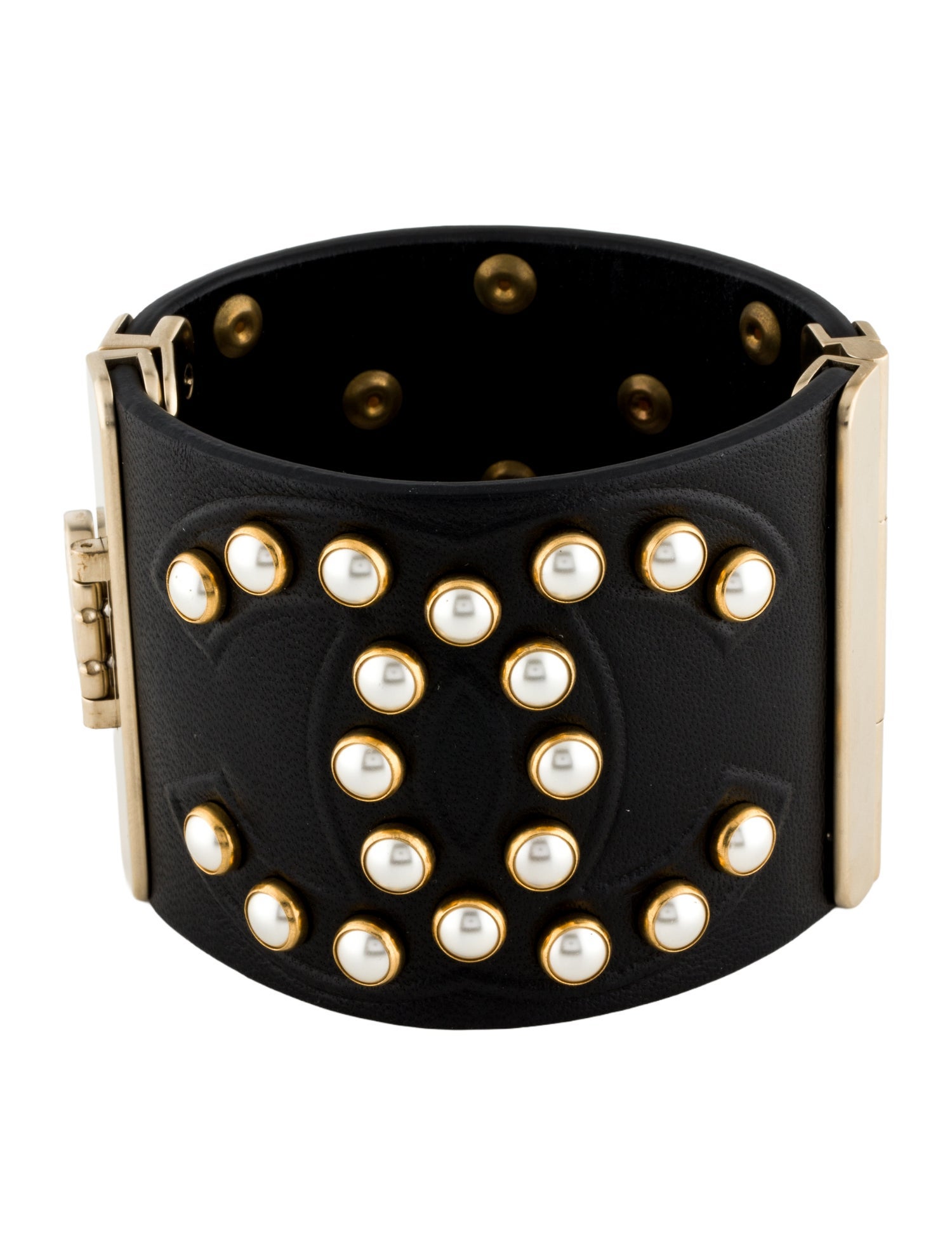 Chanel Faux Pearl & Leather CC Cuff Bracelet
