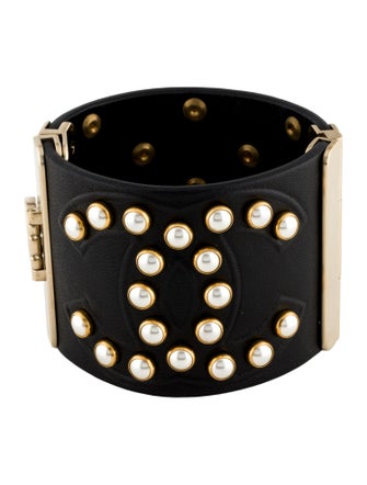 Chanel Faux Pearl & Leather CC Cuff Bracelet