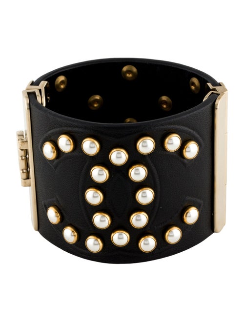 Chanel Faux Pearl & Leather CC Cuff Bracelet