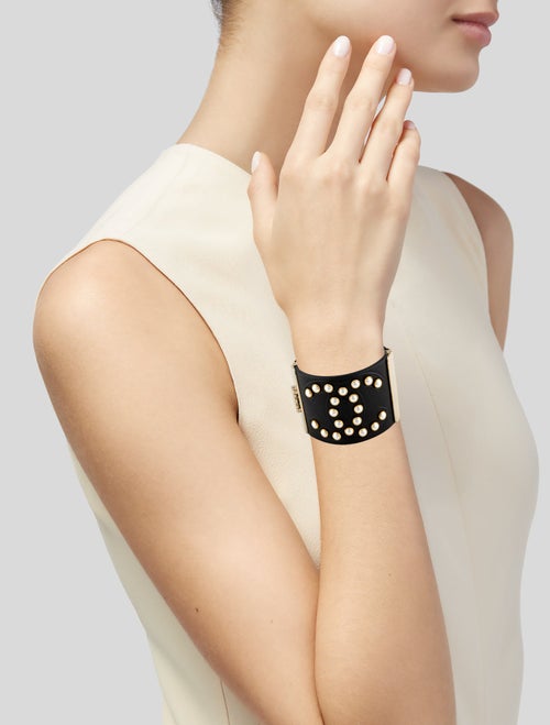 Chanel Faux Pearl & Leather CC Cuff Bracelet
