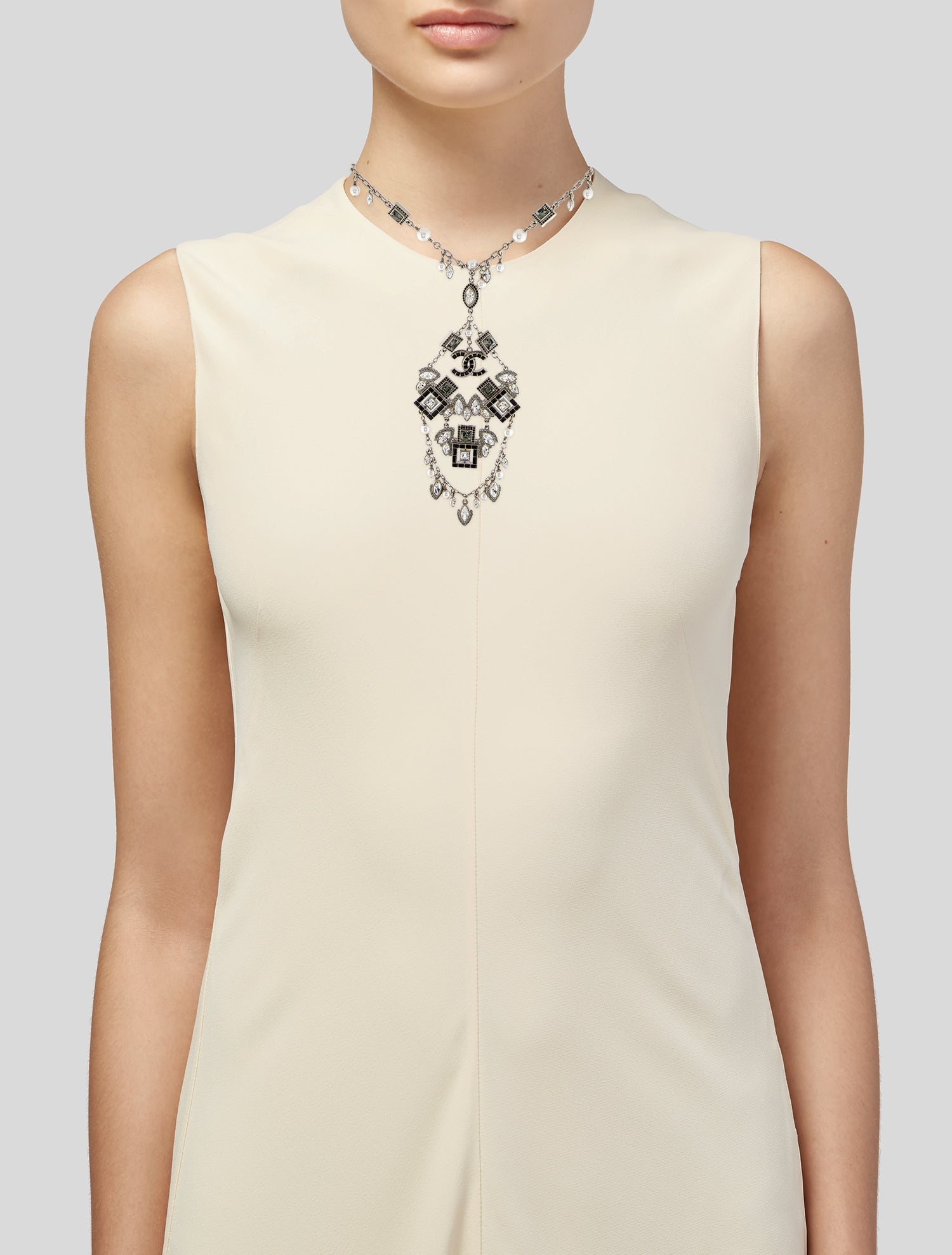 Chanel Faux Pearl & Stass CC Statement Pendant Necklace