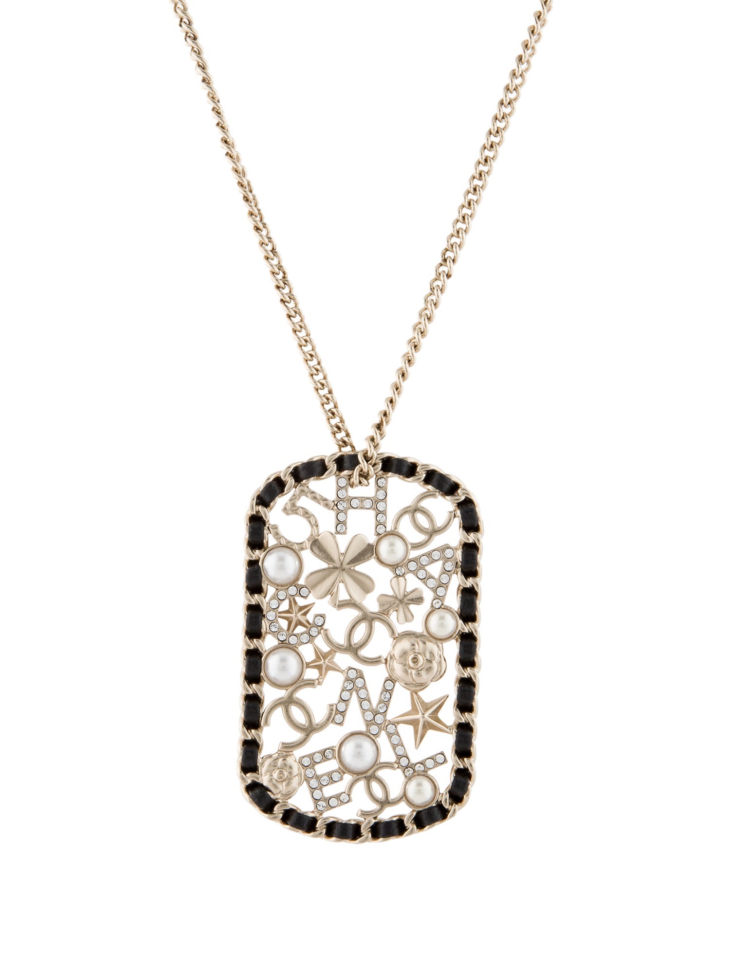 Chanel Faux Pearl, Strass & Leather Woven Dog Tag Pendant Necklace