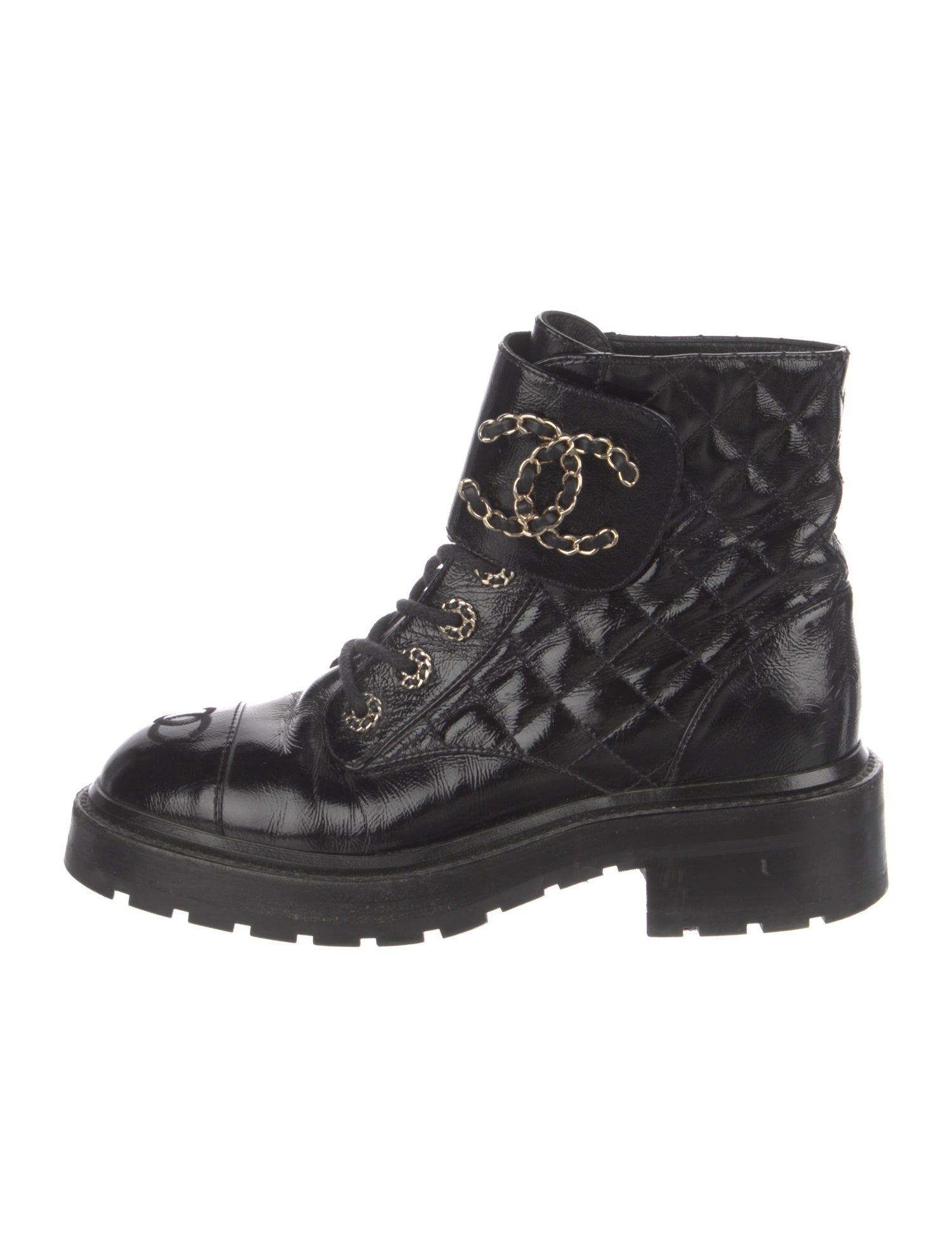 Chanel Interlocking CC Logo Patent Leather Combat Boots