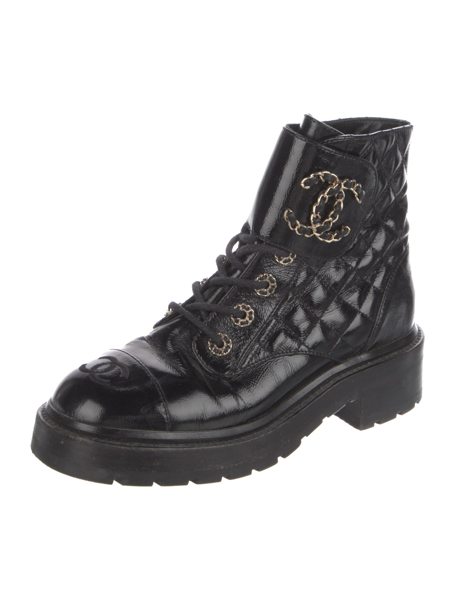 Chanel Interlocking CC Logo Patent Leather Combat Boots