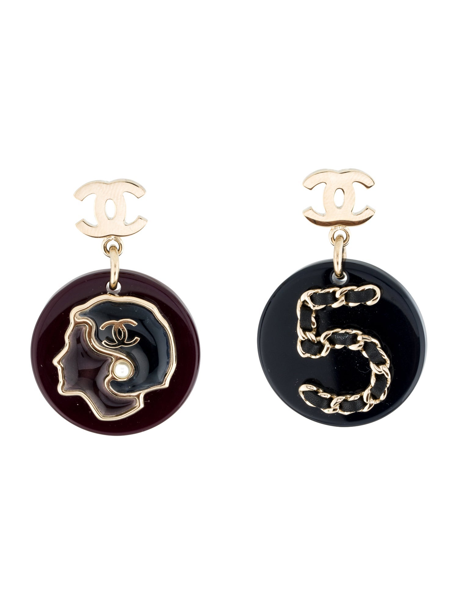 Chanel Faux Pearl, Resin & Leather No.5 Earrings