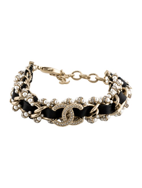Chanel Leather, Faux Pearl, & Strass Link Bracelet