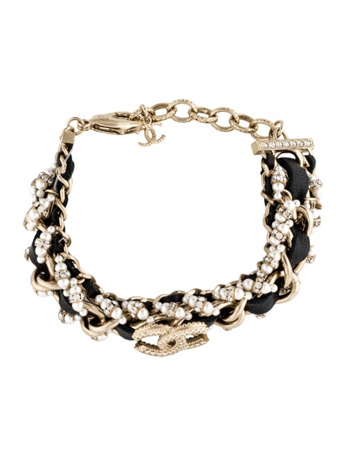 Chanel Leather, Faux Pearl, & Strass Link Bracelet