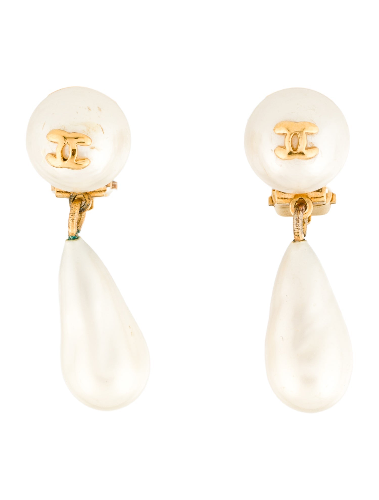 Chanel Vintage Faux Pearl CC Drop Clip-On Earrings