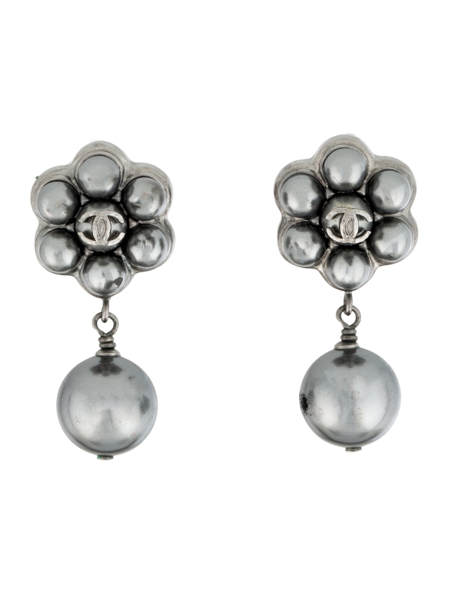 Chanel Faux Pearl CC Flower Drop Earrings