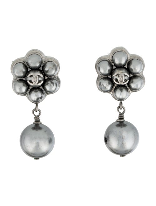 Chanel Faux Pearl CC Flower Drop Earrings