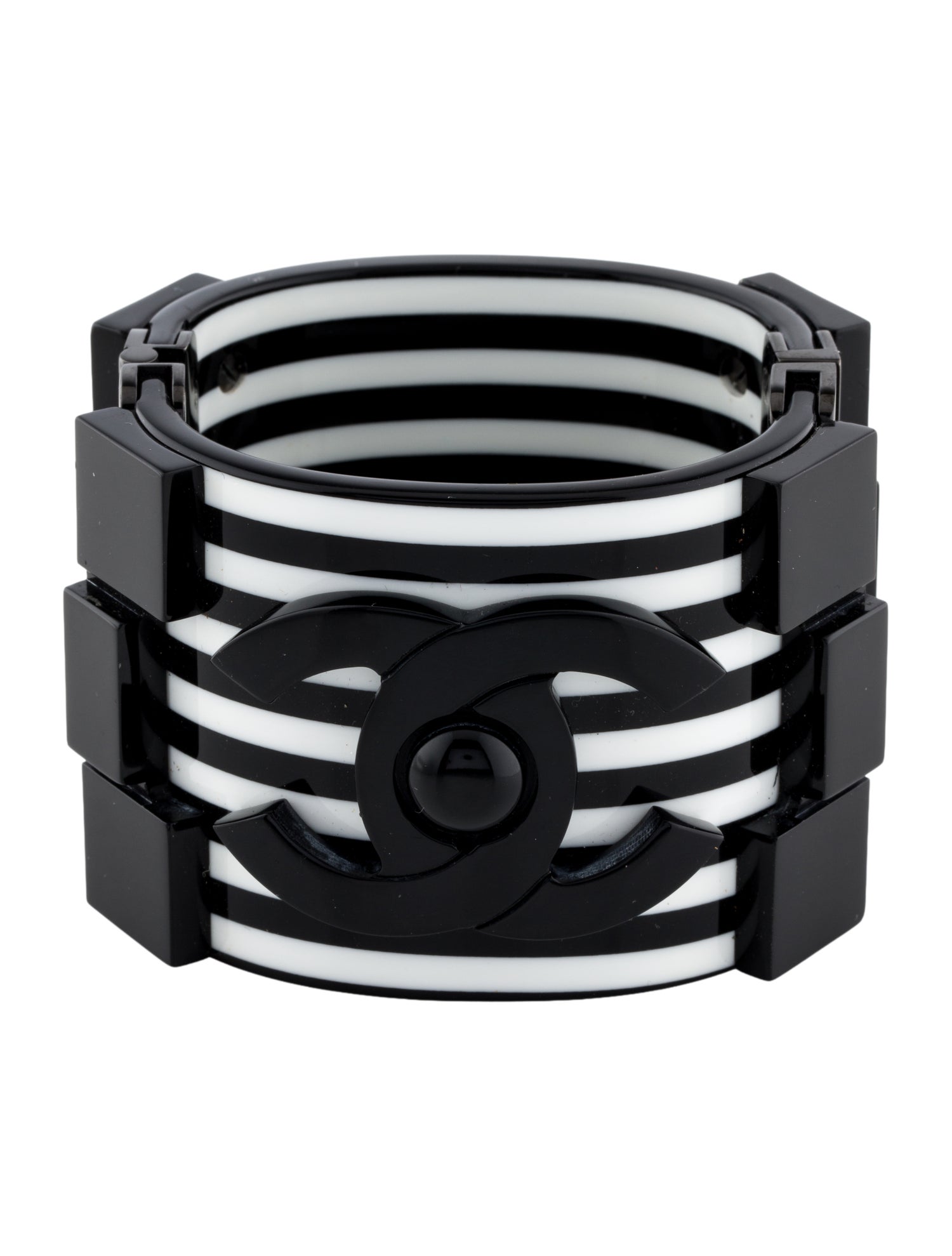 Chanel Resin Monochrome Lego Stripe CC Cuff Bracelet