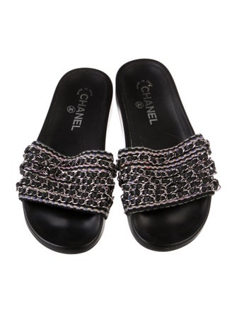 Chanel Interlocking CC Logo Tweed Slides