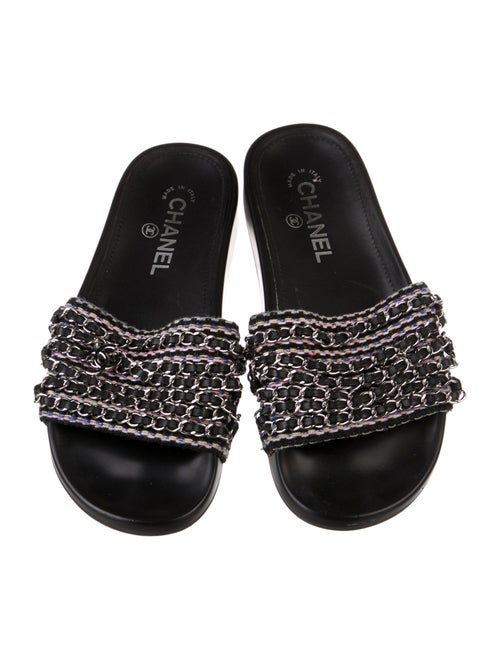 Chanel Interlocking CC Logo Tweed Slides