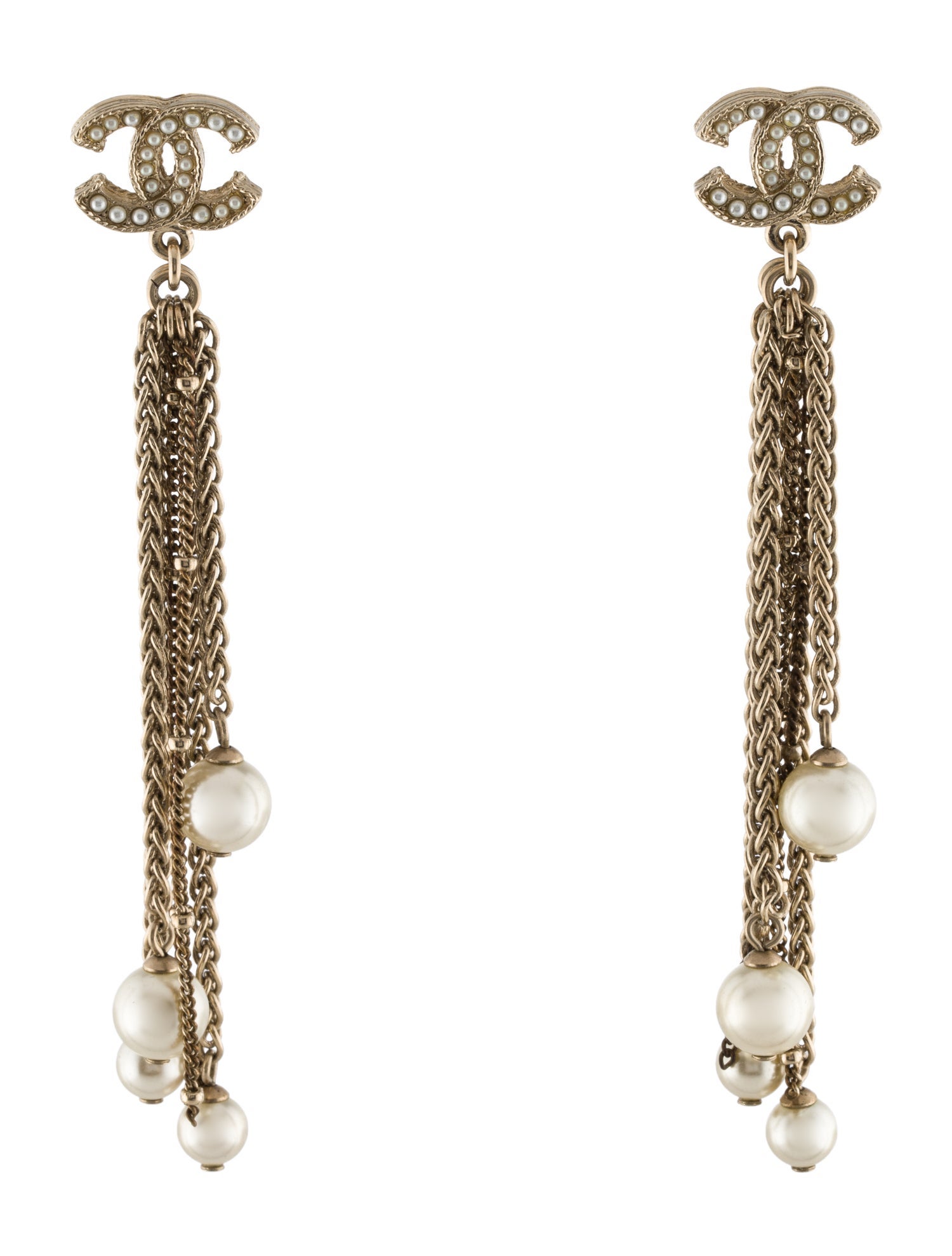 Chanel Faux Pearl CC Chain Drop Earrings