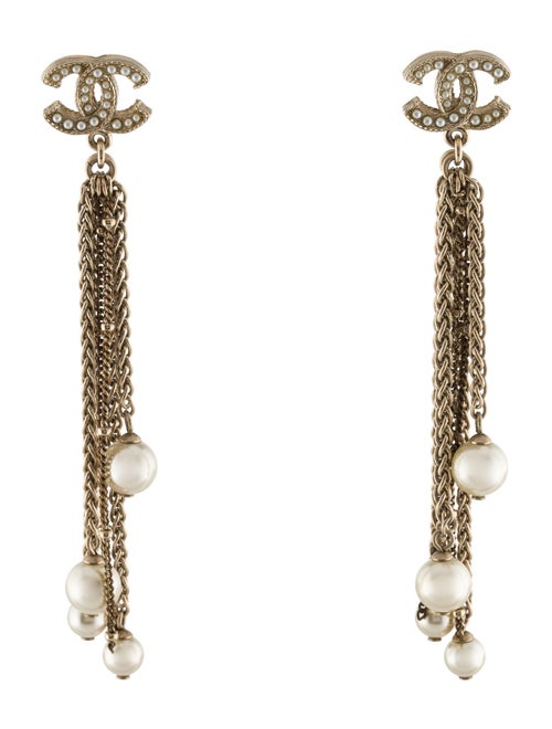 Chanel Faux Pearl CC Chain Drop Earrings