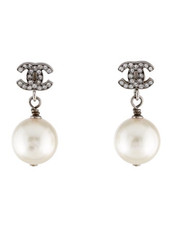 Chanel 2022 Faux Pearl & Strass CC Drop Earrings