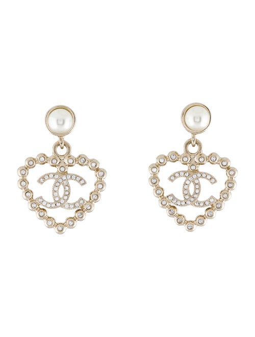 Chanel 2025 Faux Pearl & Strass CC Heart Drop Earrings