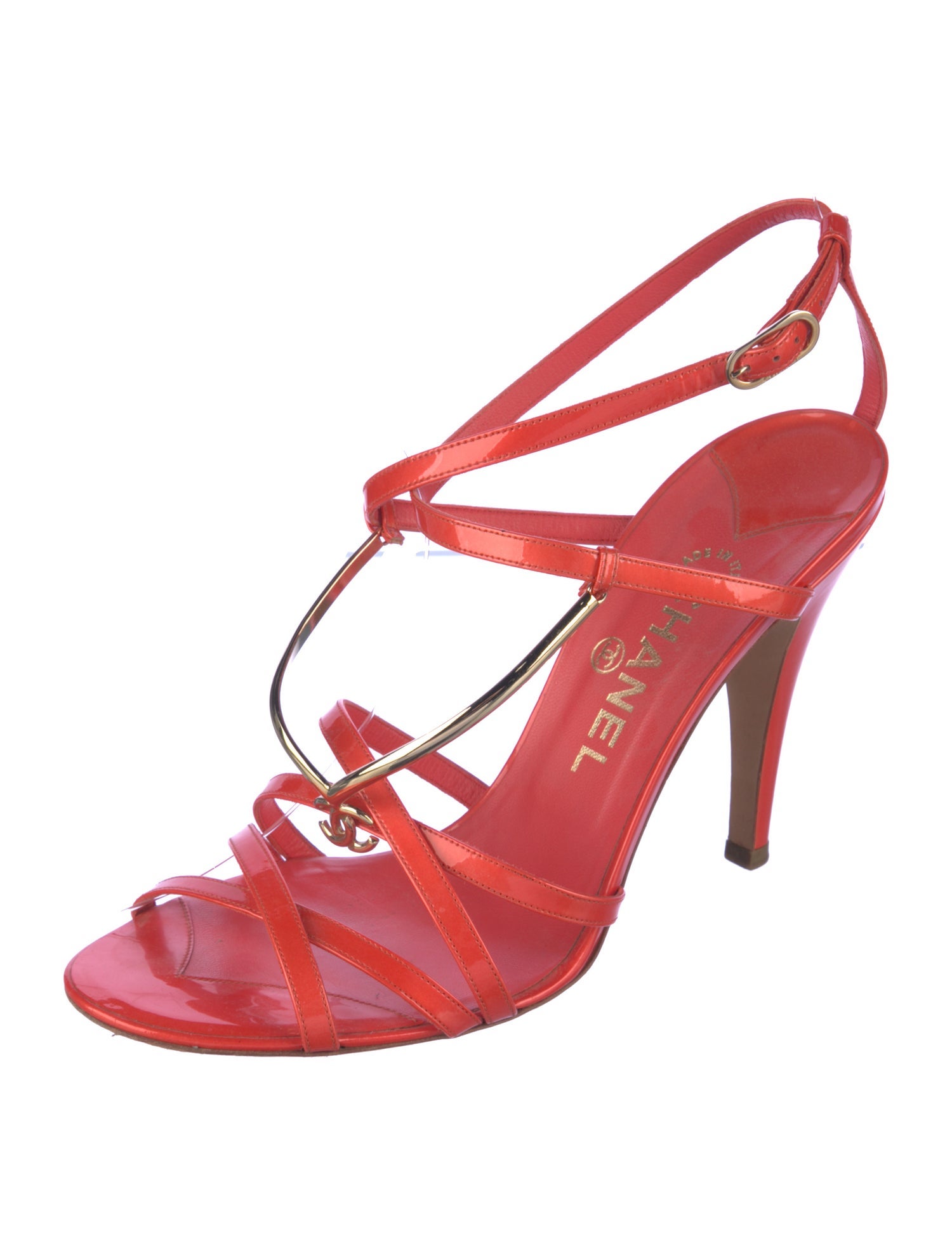 Chanel Interlocking CC Logo Patent Leather T-Strap Sandals