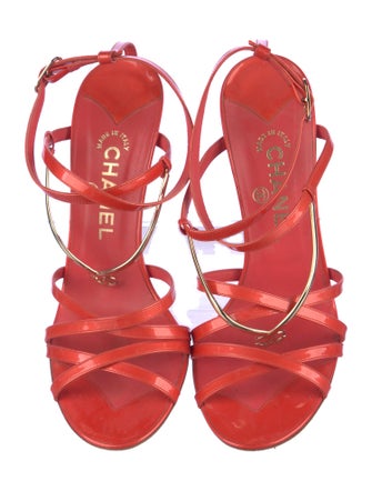 Chanel Interlocking CC Logo Patent Leather T-Strap Sandals