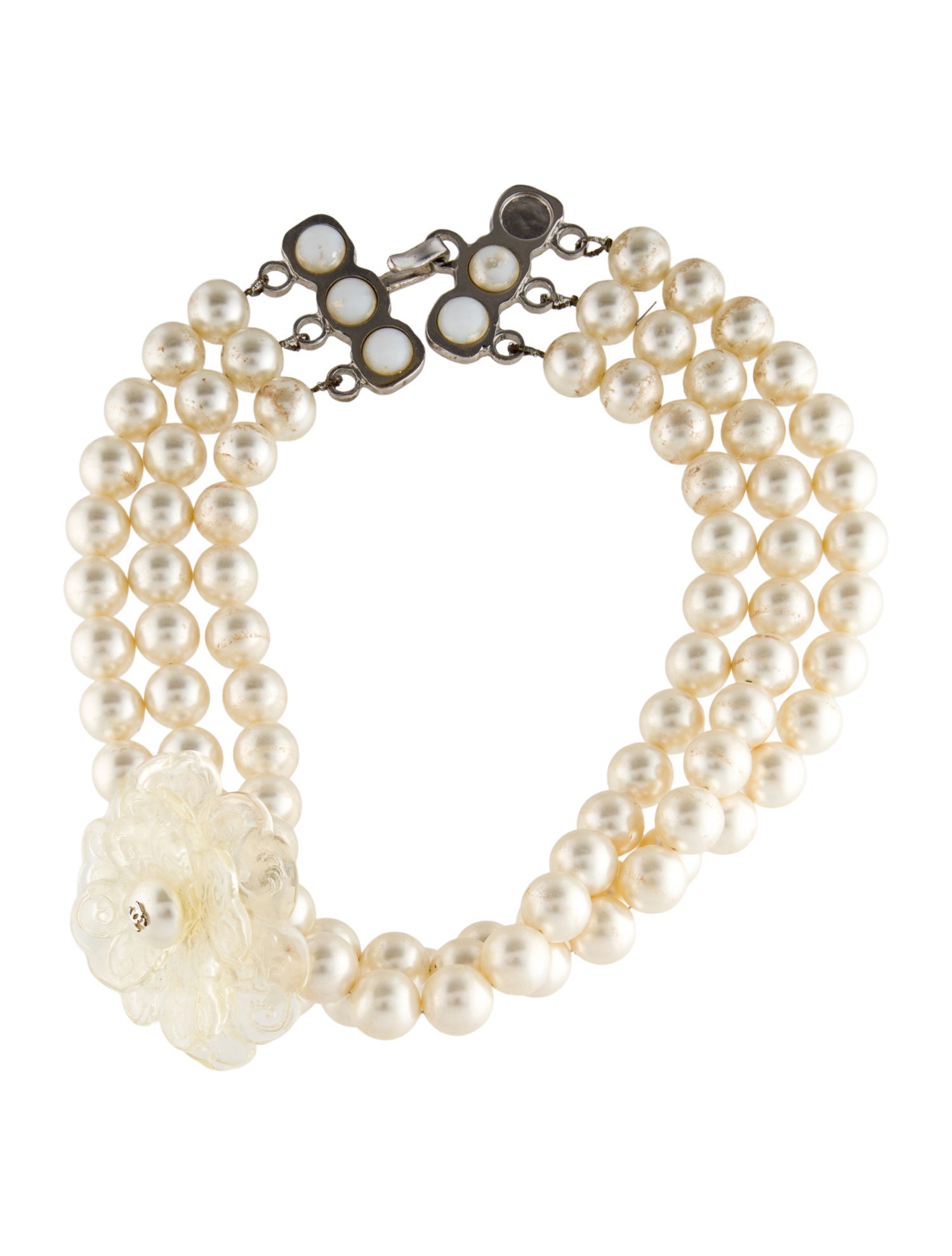 Chanel Faux Pearl & Resin Camellia Multistrand Collar Necklace
