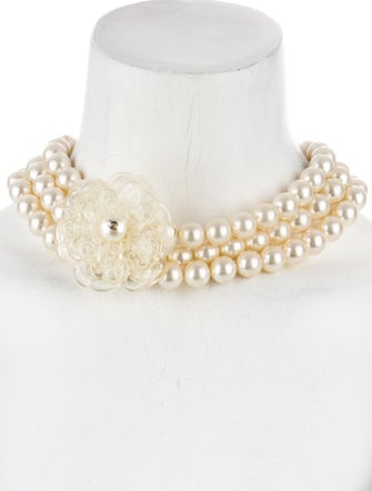 Chanel Faux Pearl & Resin Camellia Multistrand Collar Necklace