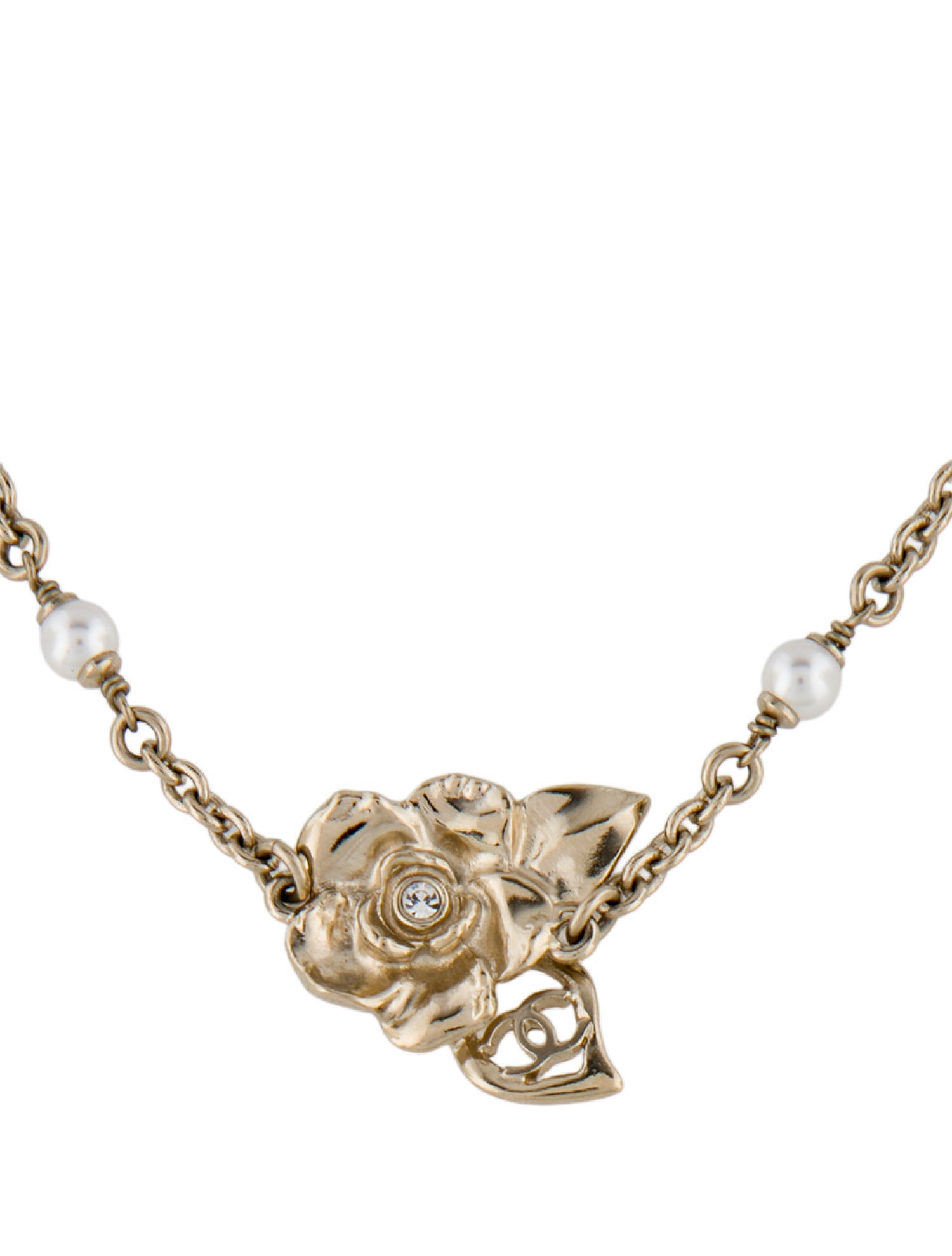 Chanel 2024 Faux Pearl & Strass CC Flower Pendant Choker Necklace