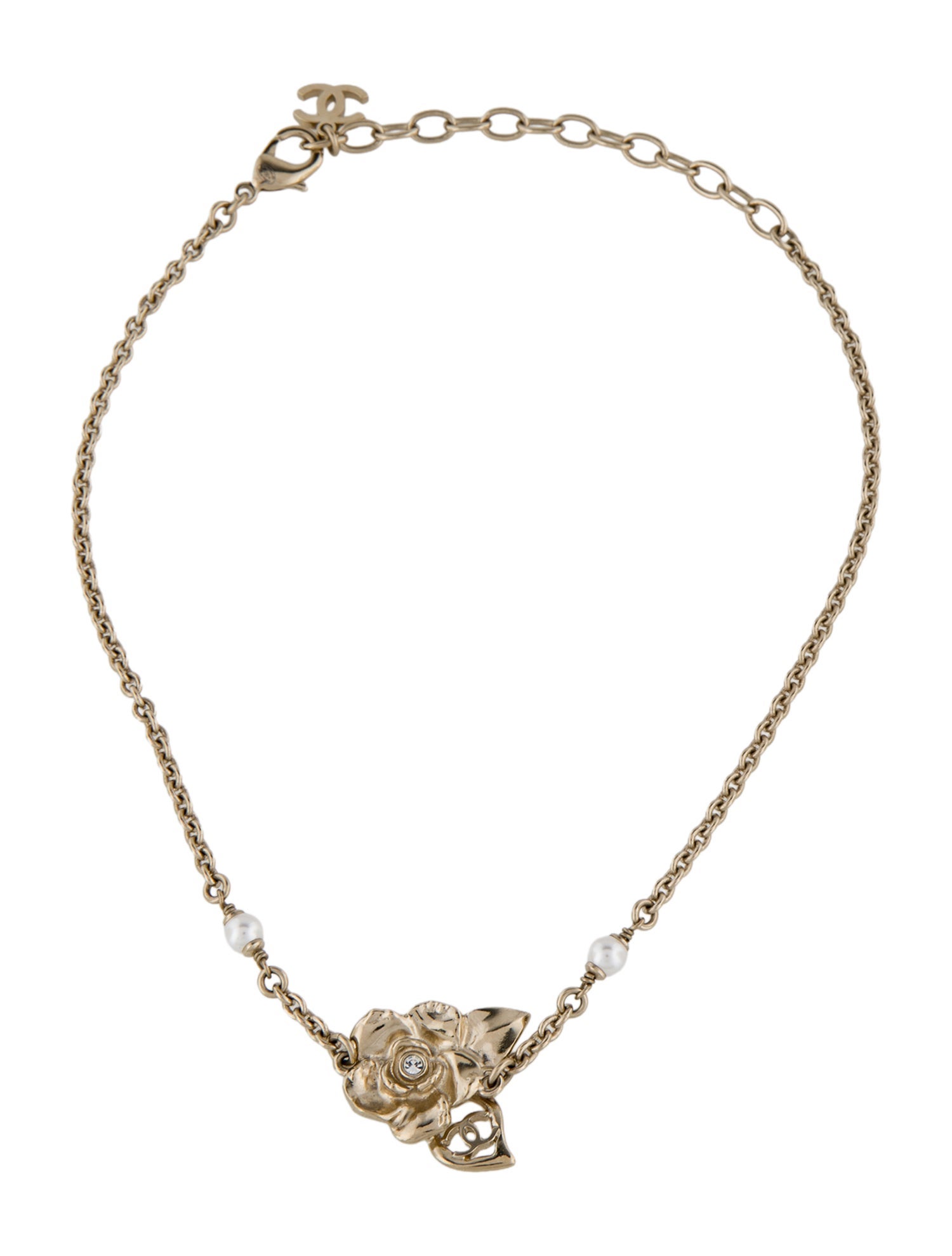 Chanel 2024 Faux Pearl & Strass CC Flower Pendant Choker Necklace