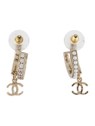 Chanel Faux Pearl & Strass CC Hoop Earrings