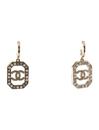 Chanel Faux Pearl & Strass CC Drop Earrings