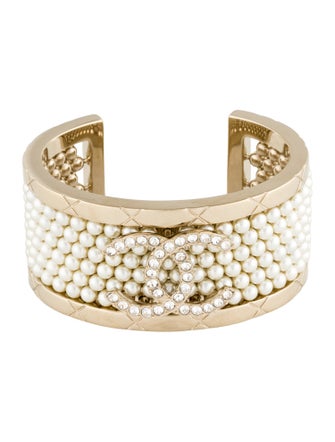 Chanel 2025 Faux Pearl & Strass CC Cuff Bracelet