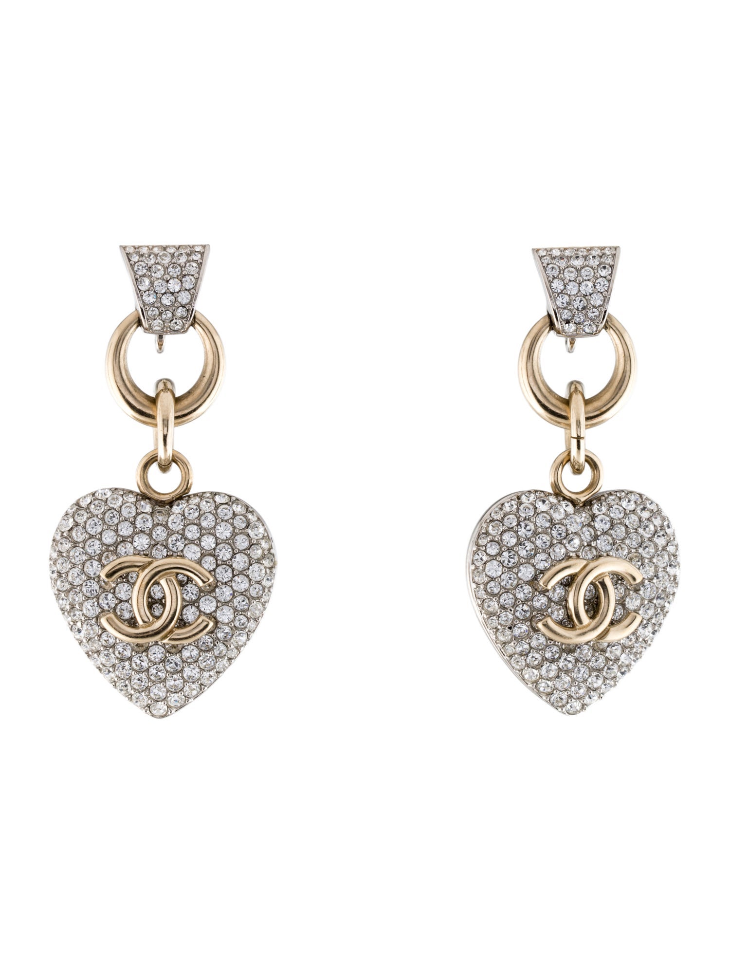 Chanel Strass CC Heart Drop Earrings