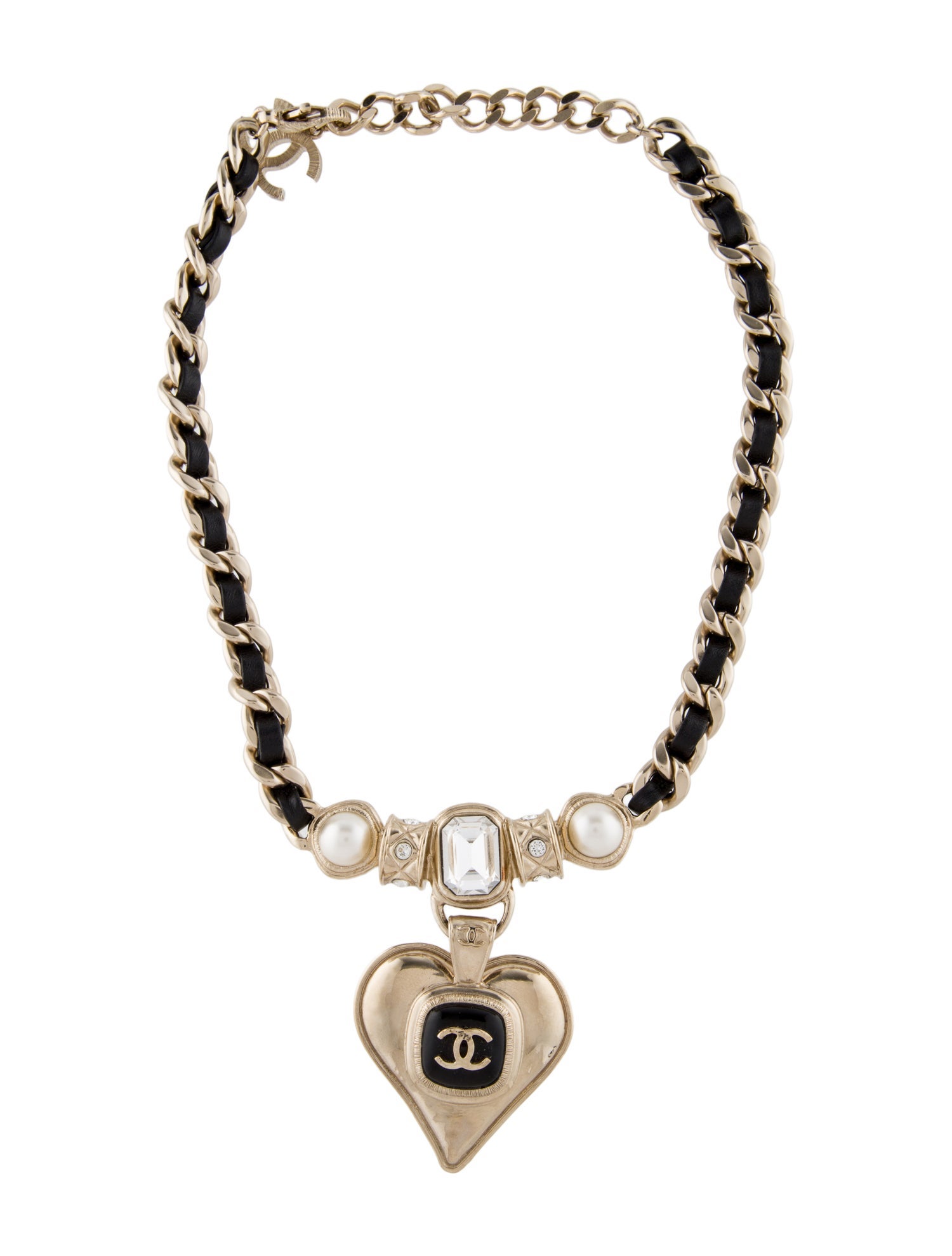 Chanel 2021 Strass, Leather & Resin CC Heart Pendant Necklace
